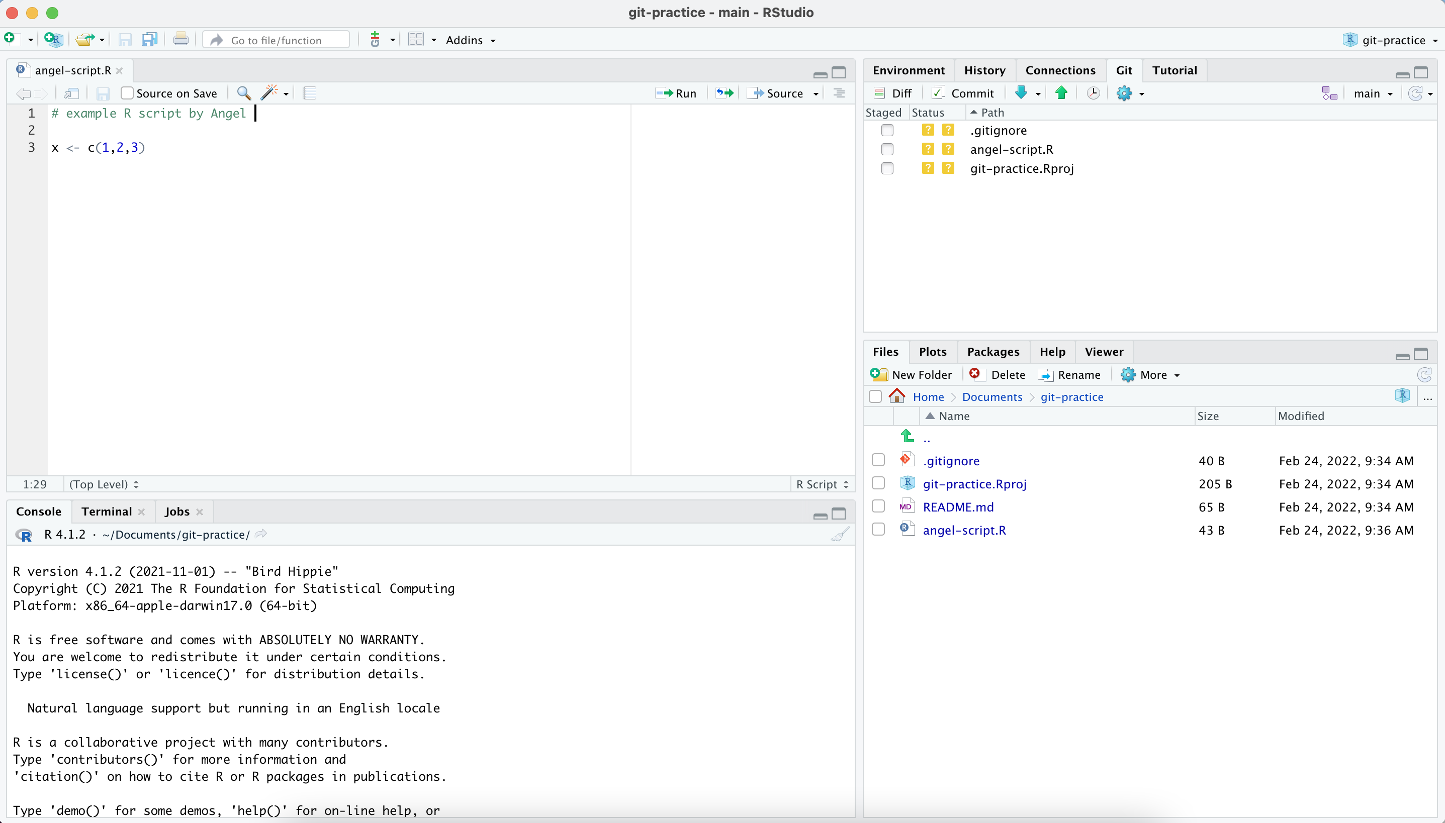 Screenshot of RStudio with an open script and several uncommitted changes identified in the 'Git' pane. Lack of commit is identified by double yellow squares containing a question mark