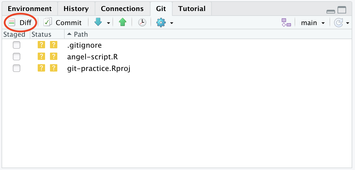 Screenshot of the 'diff' button--circled in red--in the 'git' pane of RStudio