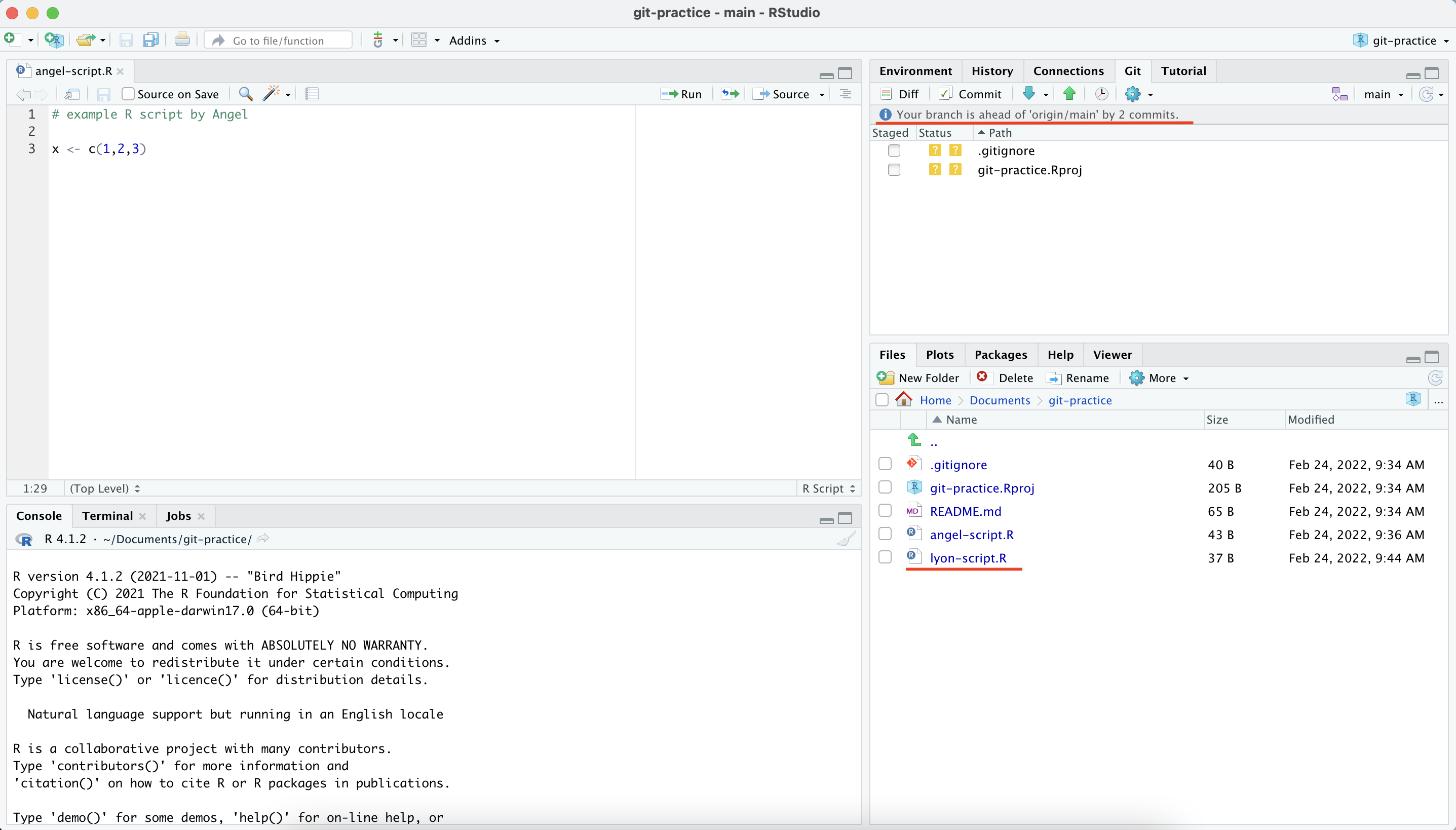 Screenshot of RStudio with the 'git' pane underlined in red where it says 'your branch is ahead of origin/main by 2 commits'