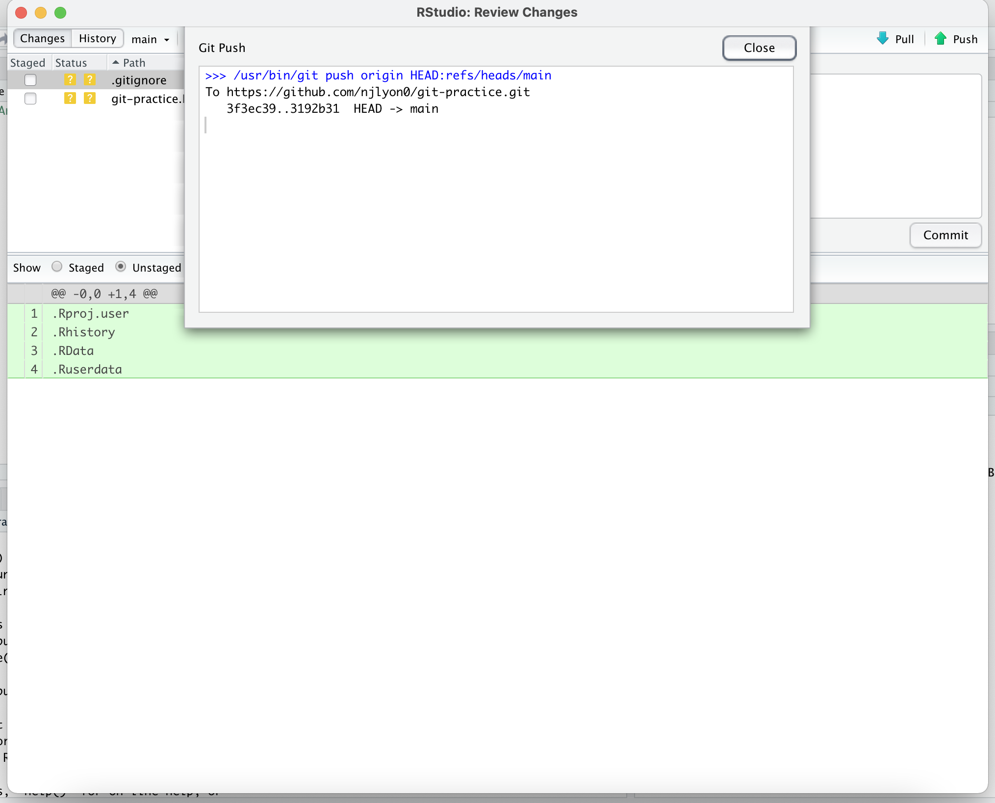 Screenshot of the message received when a push is performed successfully from RStudio