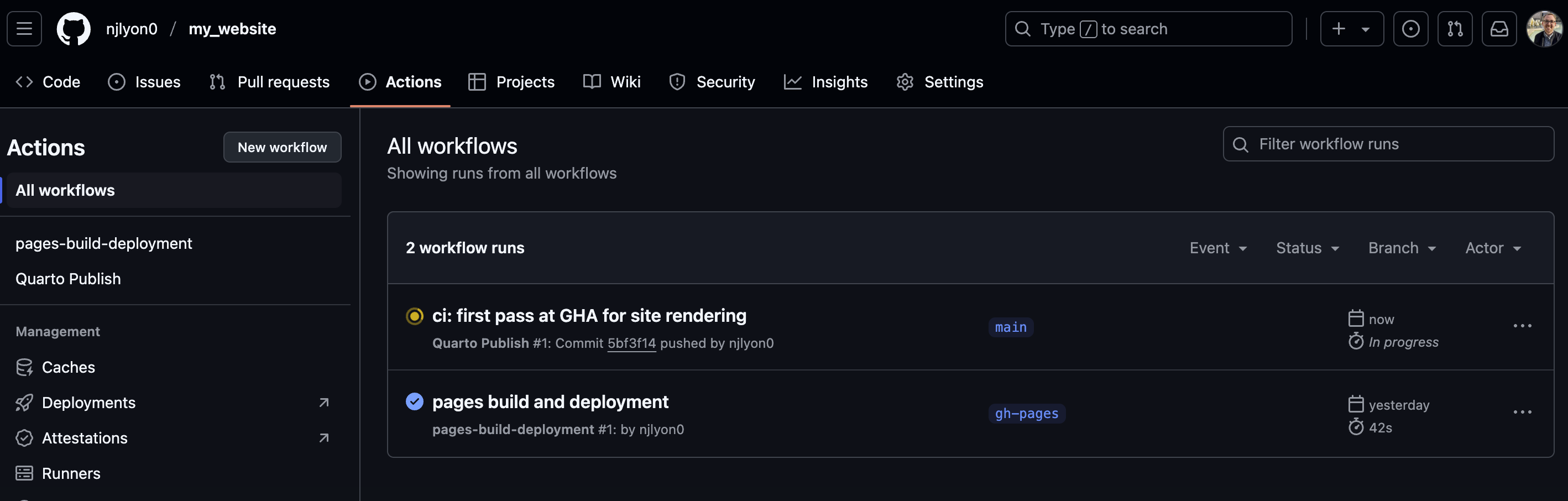 Screenshot of the 'Actions' tab of a GitHub repository while a GitHub Action is in progress