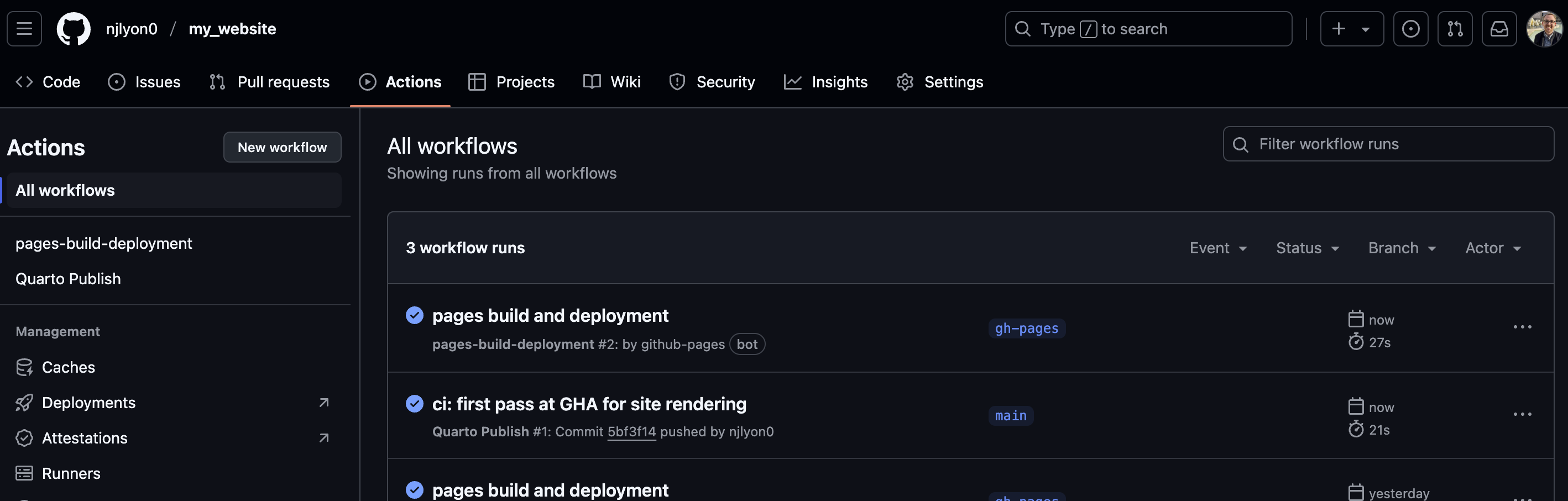 Screenshot of the 'Actions' tab of a GitHub repository while a GitHub Action is complete