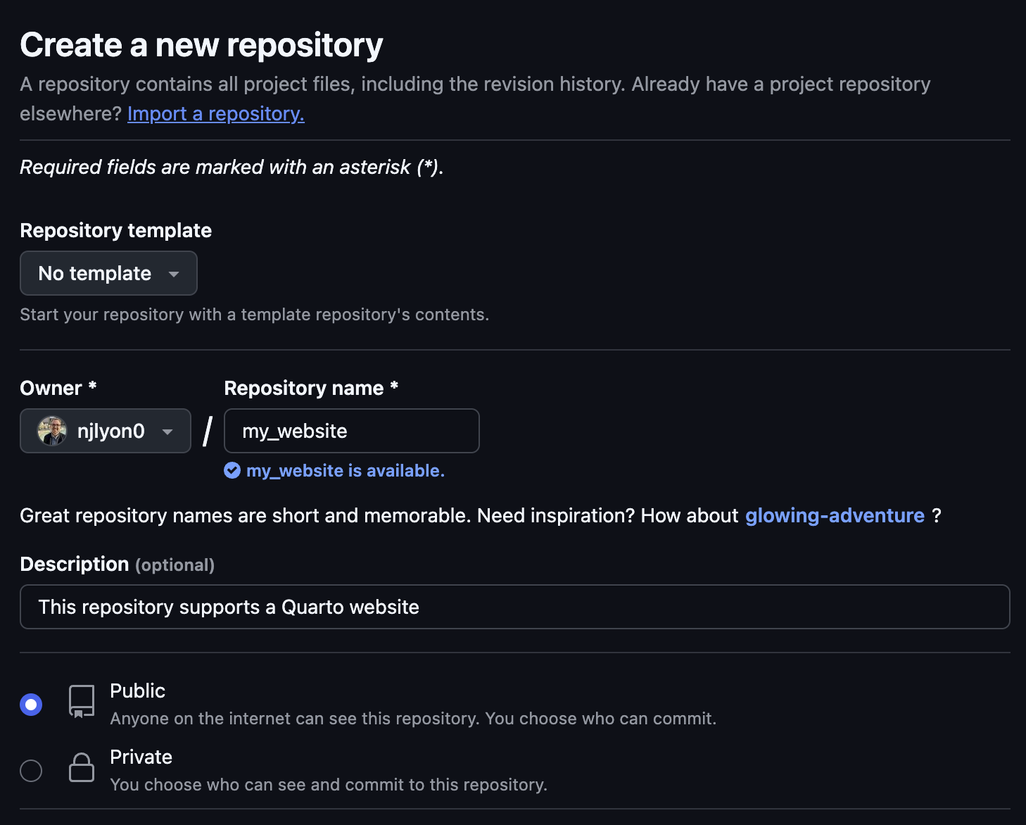 Screen capture of the top half of the Github page where new repositories are created