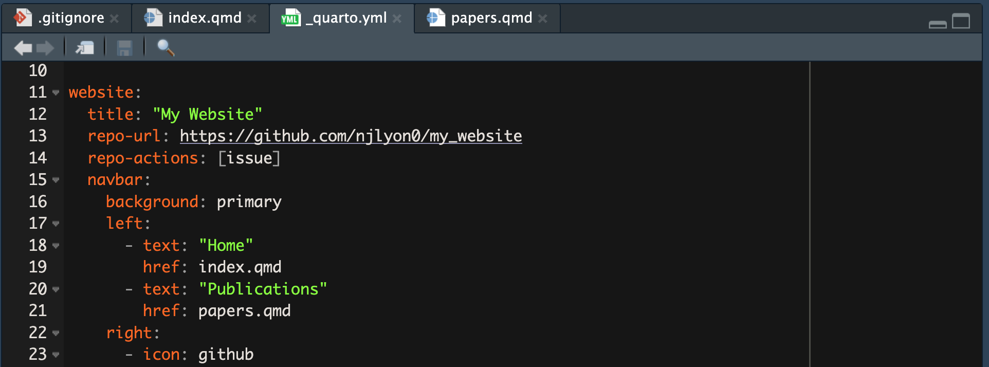 Screenshot of the YAML from a Quarto website where a new page has been linked from the navbar