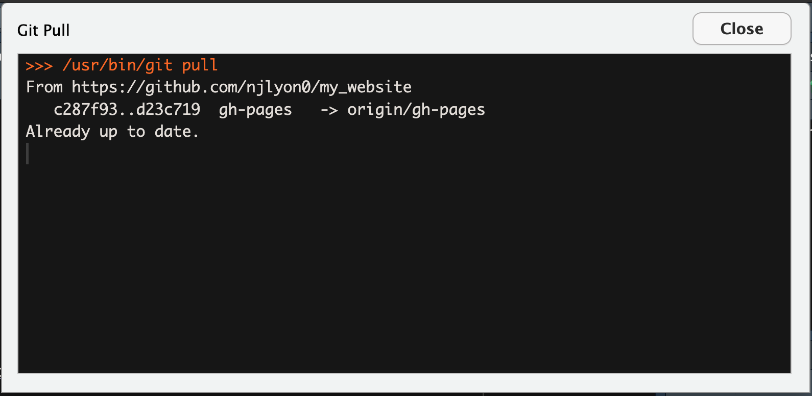 Screenshot of the message from RStudio when you pull after a GitHub Action is completed