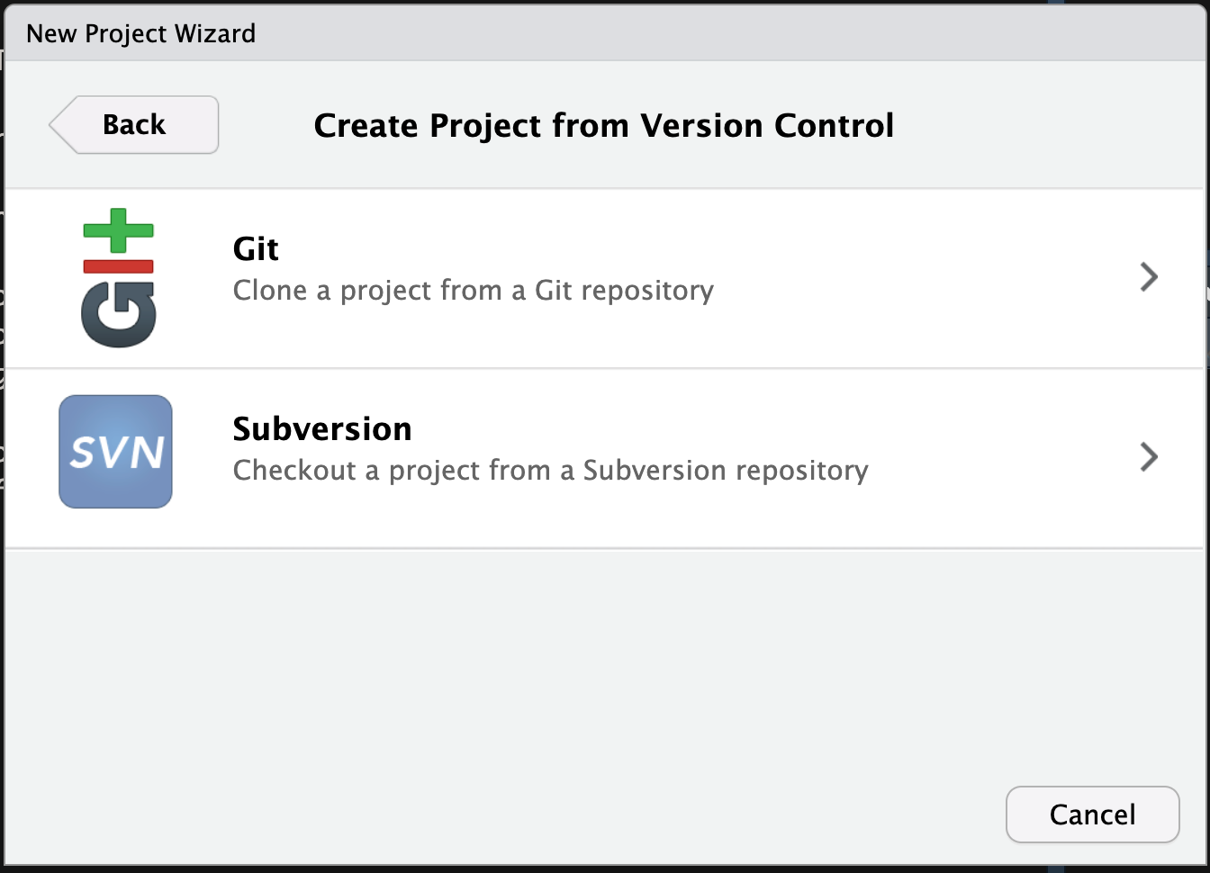 Screen capture of the second pop-up window from RStudio when a new project is being created from version control